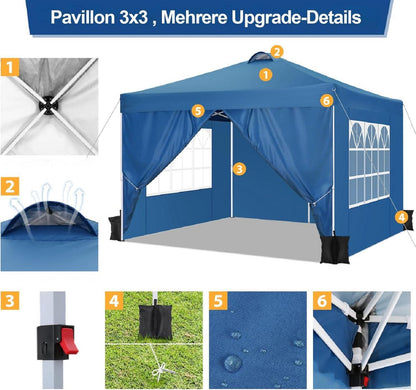Pavillon 3x3 UV-Schutz 50+ Faltpavillon Wasserdicht & Stabil mit 4