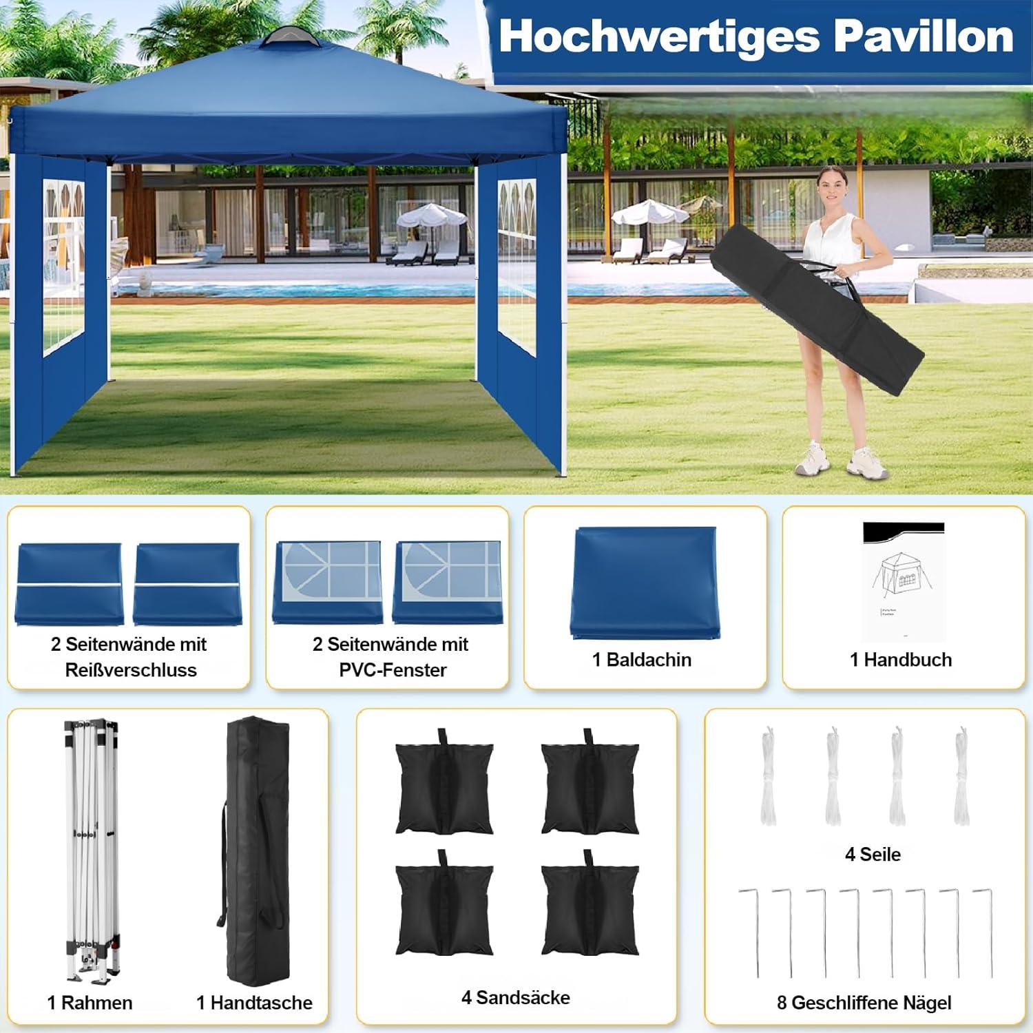 COBIZI Pavillon 3x3 UV-Schutz 50+ Wasserdicht Stabil mit 4 Seitenteilen Sandsäcke Blau
