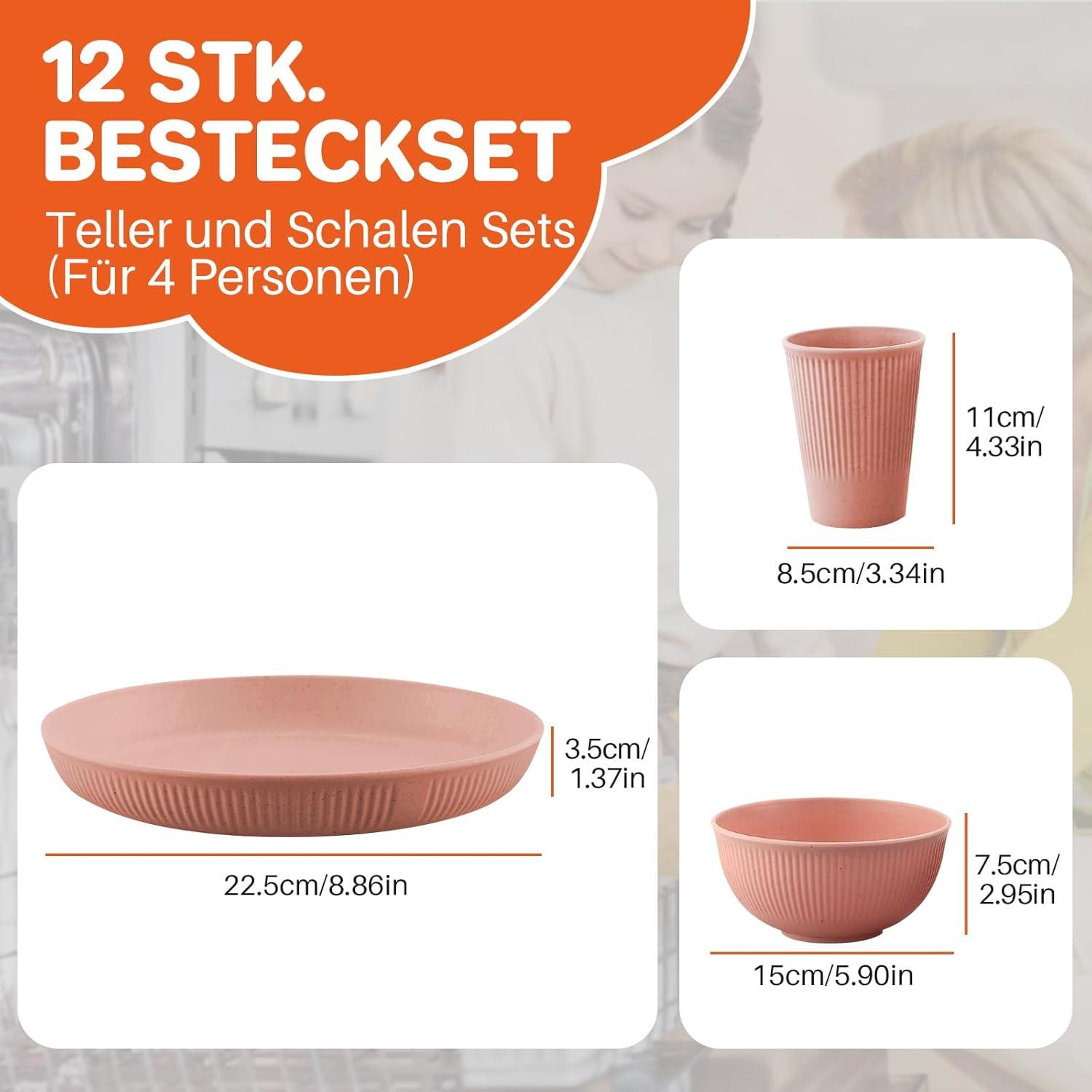 Camping Geschirrset 12tlg für 4 Personen Teller Schüssel Tassen BPA-frei