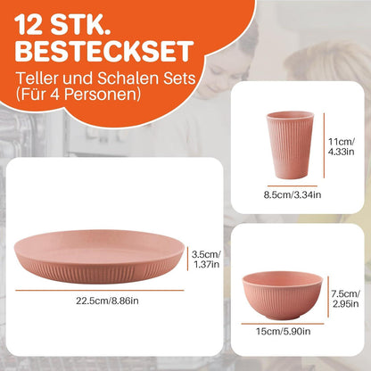 Camping Geschirrset 12tlg für 4 Personen Teller Schüssel Tassen BPA-frei