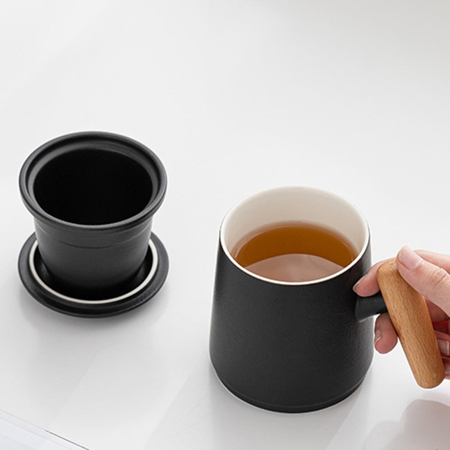 Disoza Tasse mit Deckel und Sieb Keramik 400ml Schwarz Weiß Tee Kaffee Becher