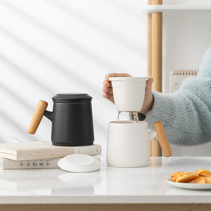 Porzellan Teetasse mit Deckel und Sieb 400ml Schwarz Weiß Becher