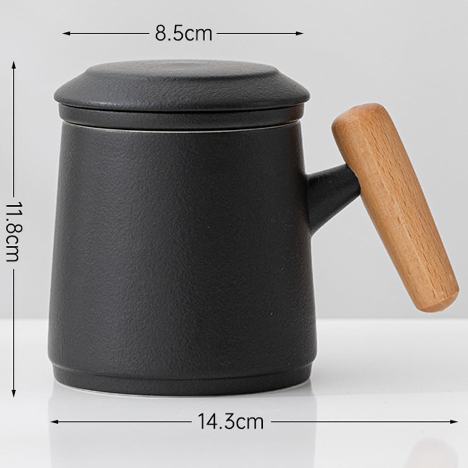 Disoza Tasse mit Deckel und Sieb 400ml Keramik Tea Cup Set Schwarz
