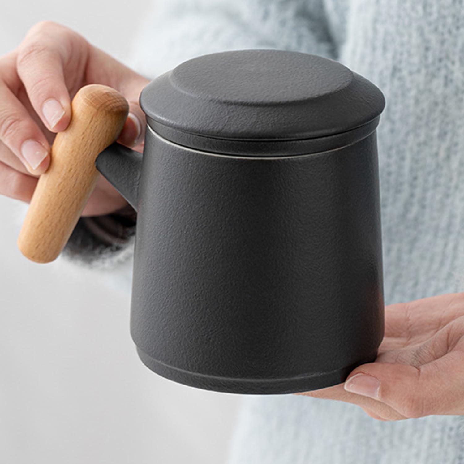 Keramik Teetasse mit Sieb 400ml - Schwarz Teebecher mit Deckel und Henkel