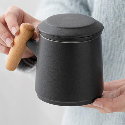Keramik Teetasse mit Sieb 400ml - Schwarz Teebecher mit Deckel und Henkel