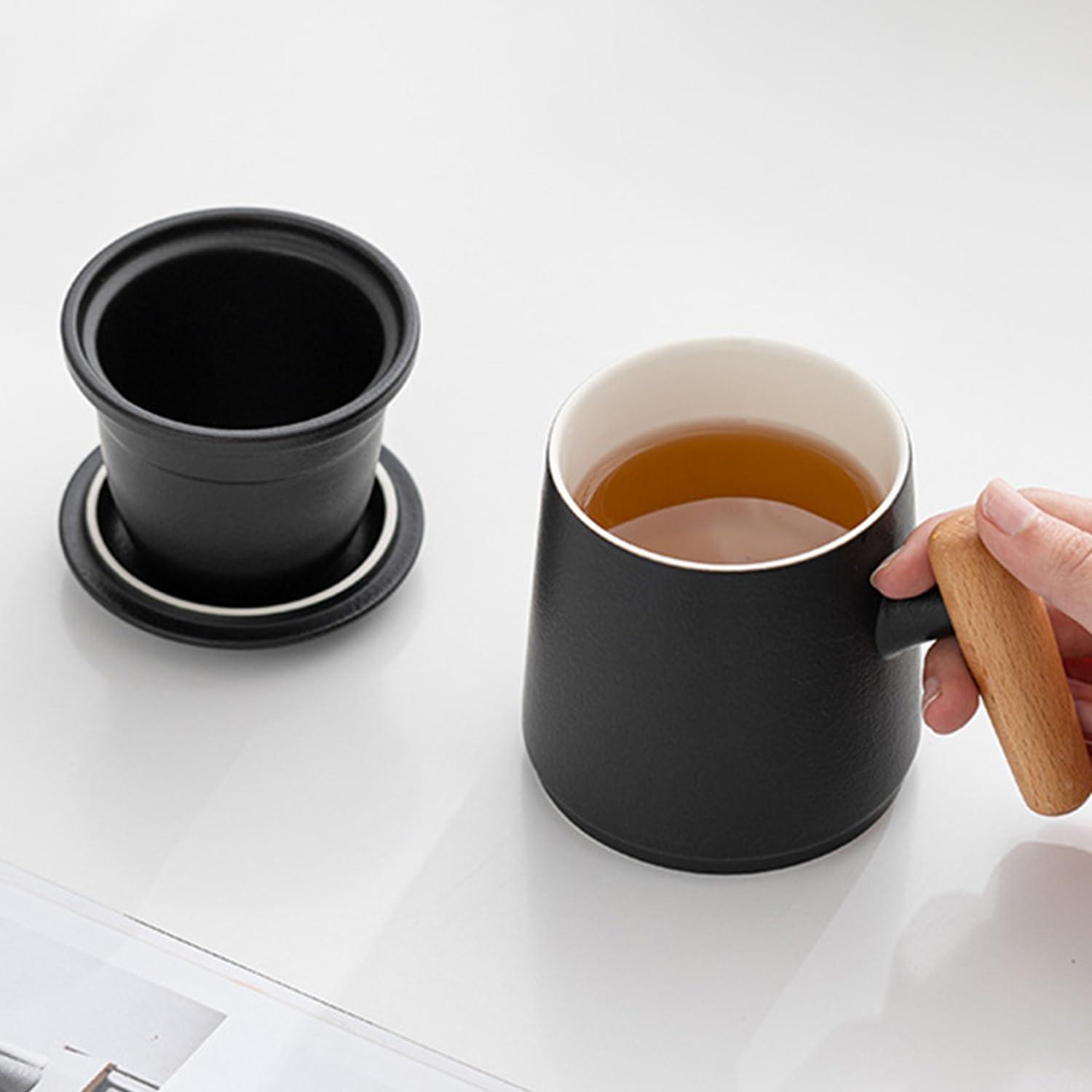 Disoza Tasse mit Deckel und Sieb 400ml Keramik Tea Cup Set Schwarz