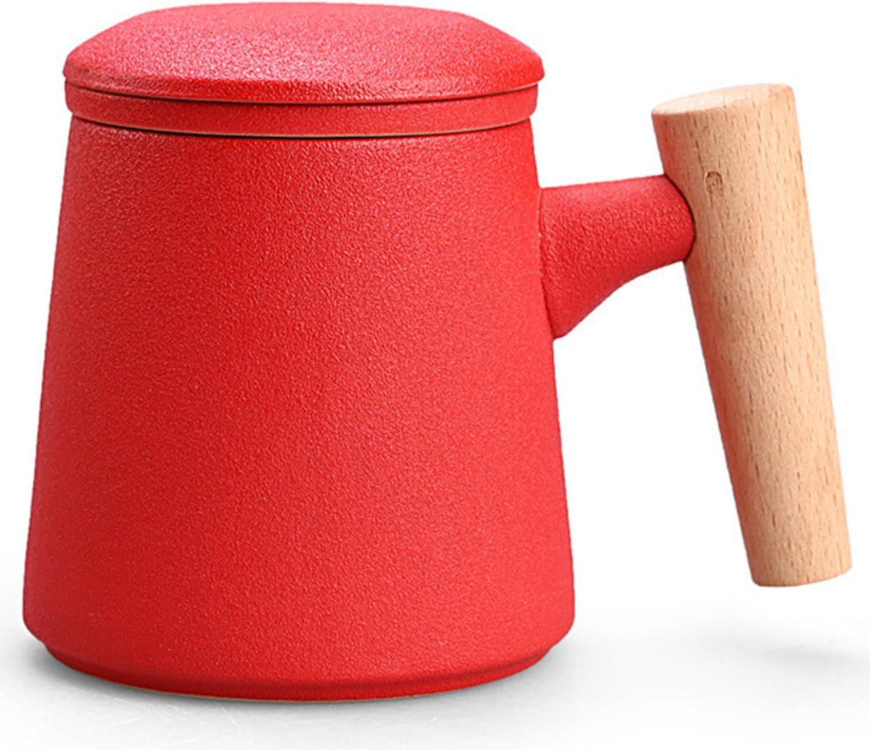 Disoza Tasse mit Deckel Porzellan Teetasse 400ml Geschenk Rot