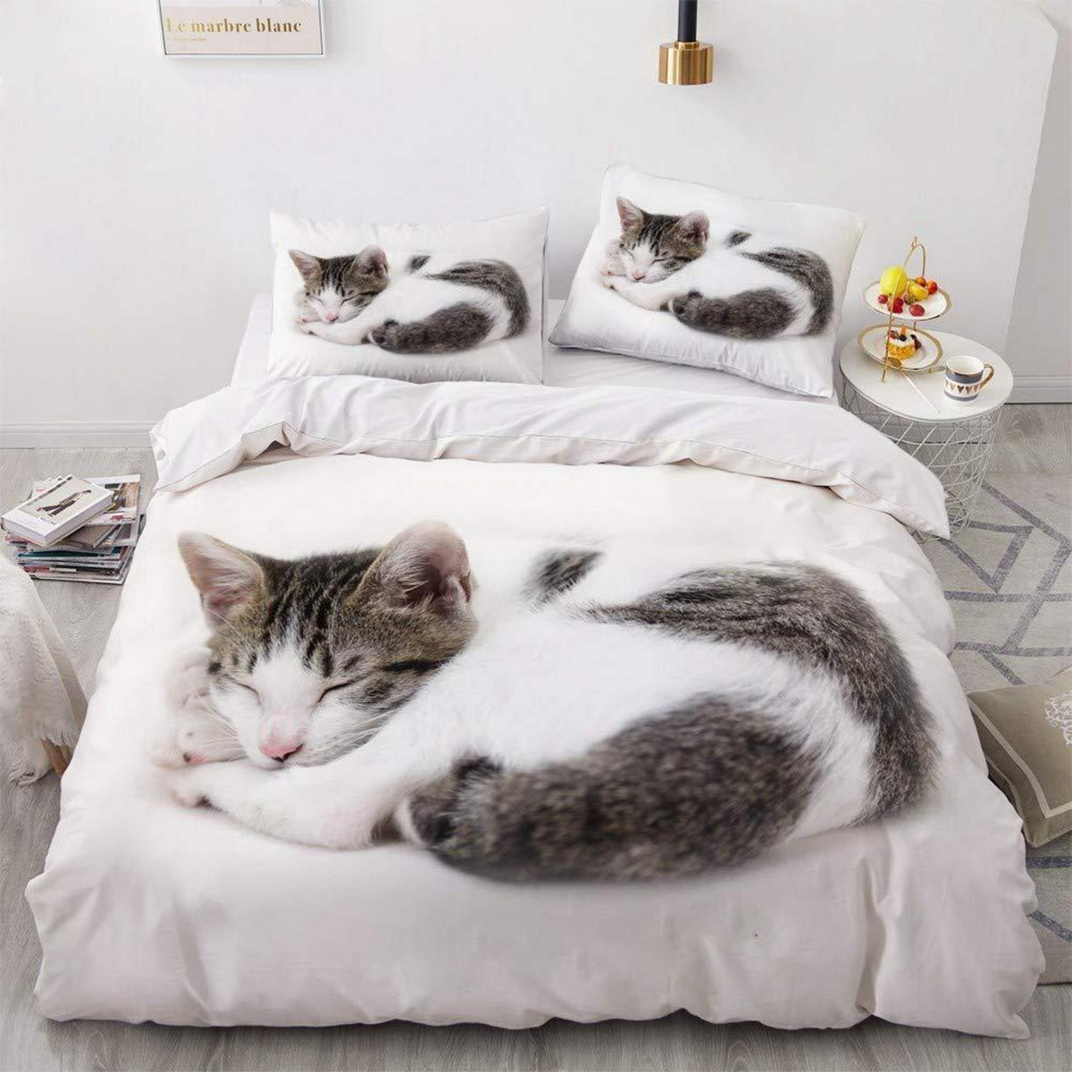 Bettwäsche Set Katzenmuster Weiß 135x200 cm - 4-teilig für Kinder