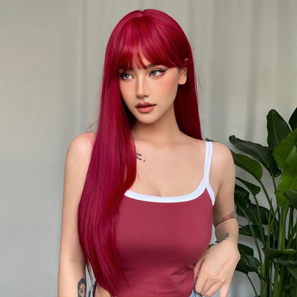 Rote lange gerade Cosplay Perücke mit Pony – 70cm