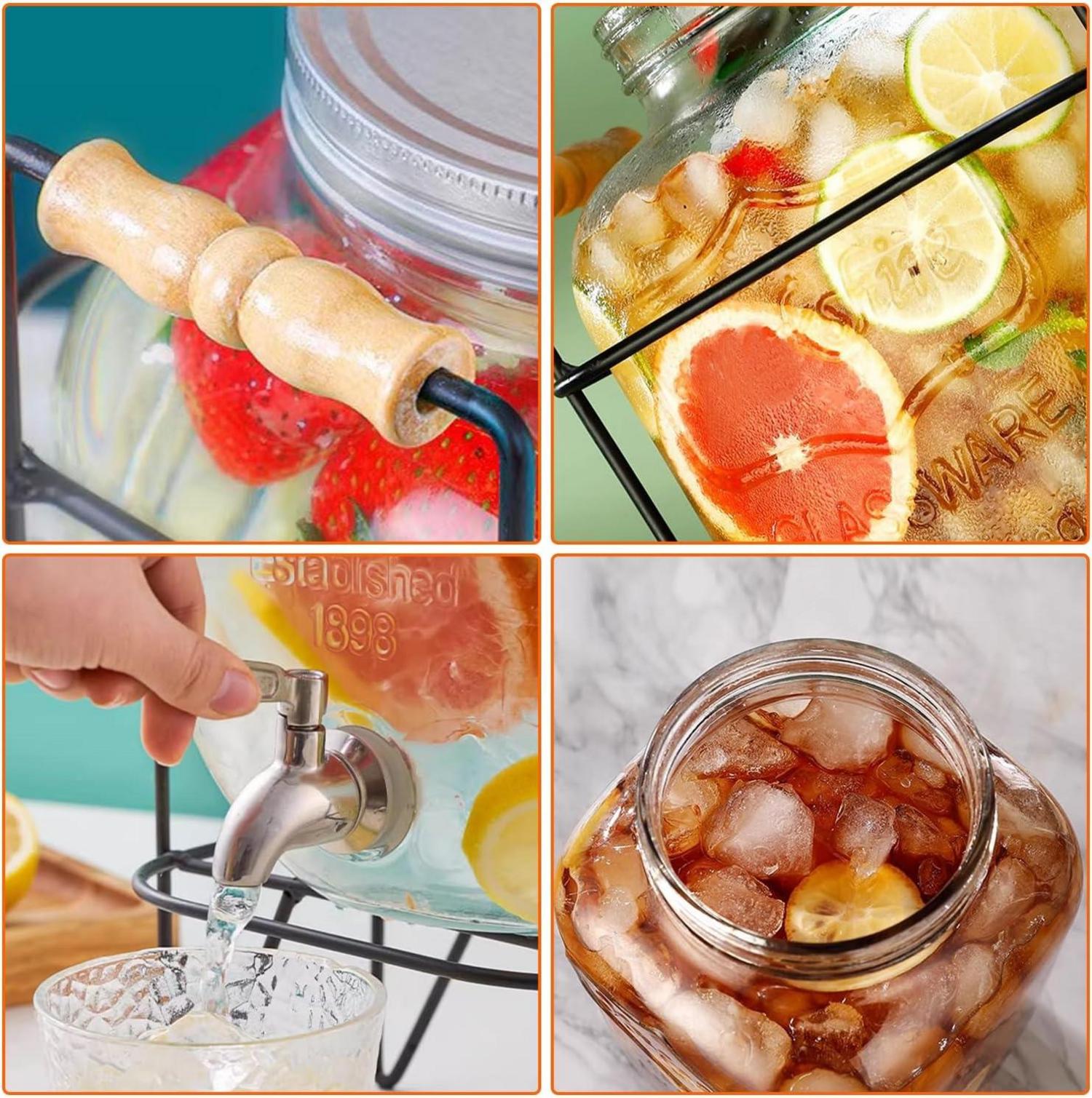 Glas Getränkespender 4L mit Deckel & Bügelhalter, Eisgetränke Krug