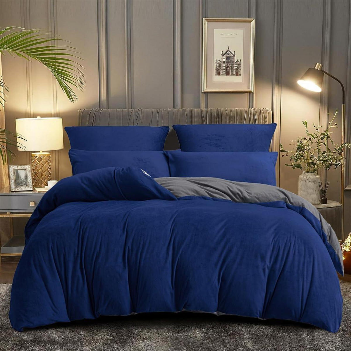Warme Fleece Bettwäsche Set 135x200cm Blau Marine Grau