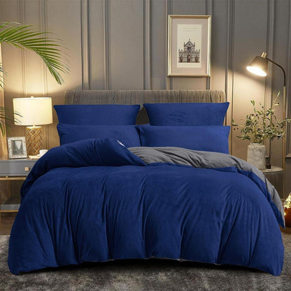 Warme Fleece Bettwäsche Set 135x200cm Blau Marine Grau