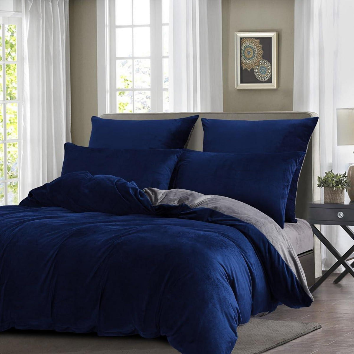 Warme Fleece Bettwäsche Set 135x200cm Blau Marine Grau