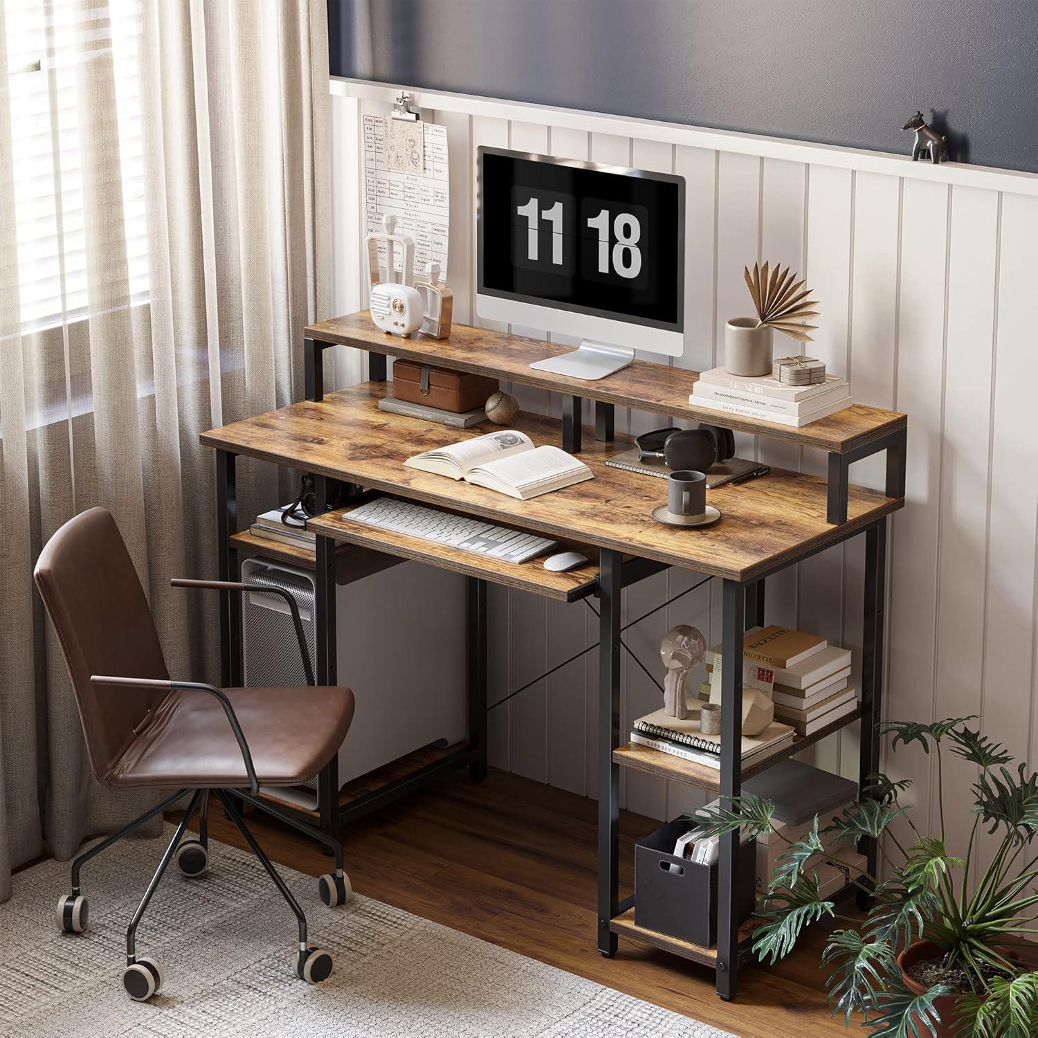 CubiCubi Computertisch mit Aufbewahrung & Monitorständer, Braun 120 cm