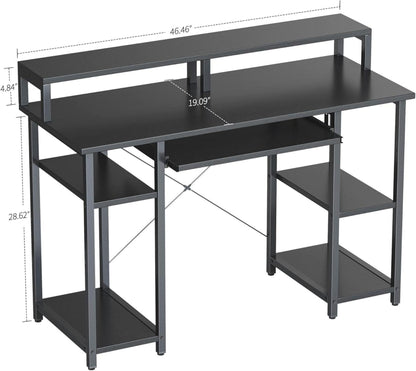 Stabiler Computertisch mit Monitorständer und Regalen, Schwarz