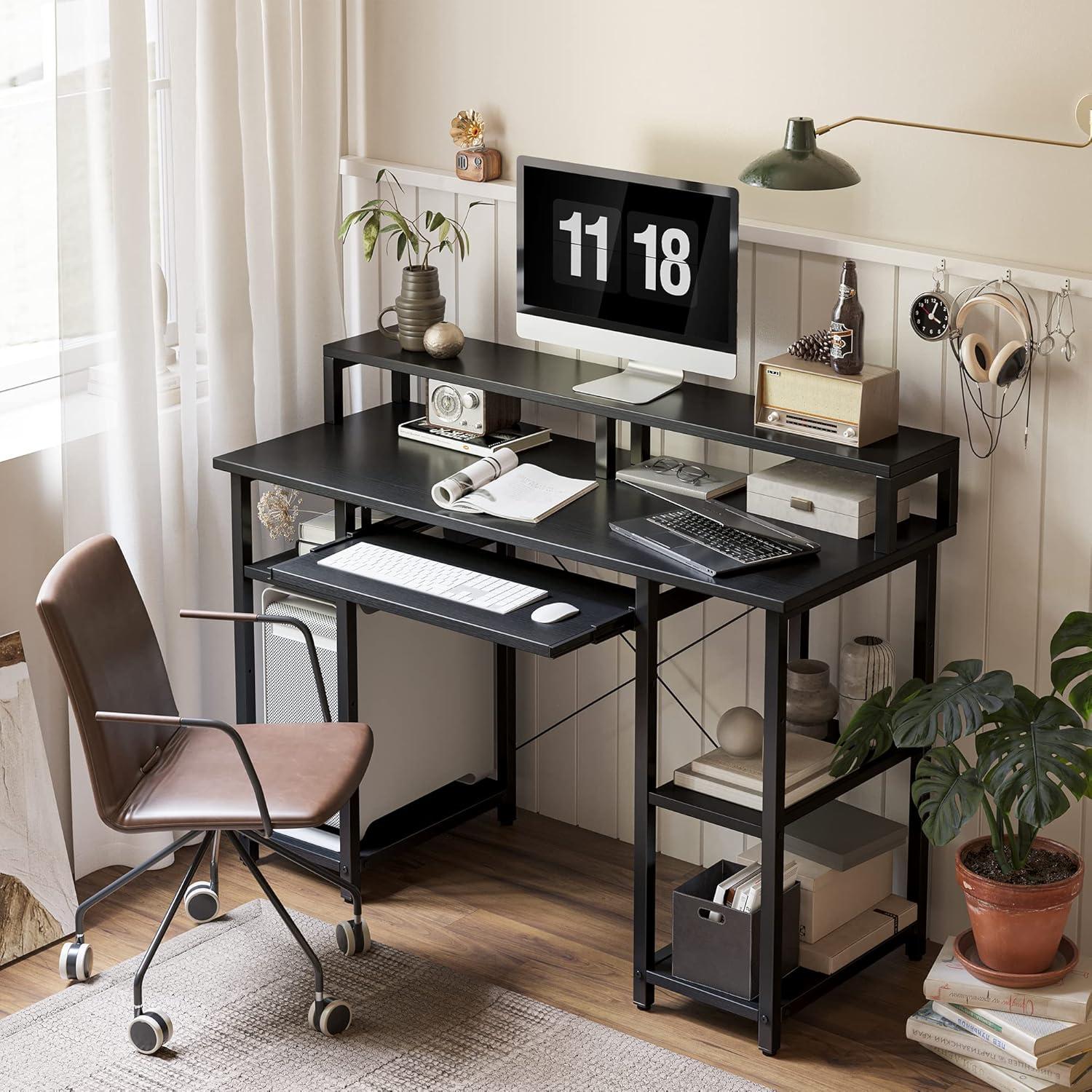 CubiCubi 120 cm Computertisch Schwarz mit Aufbewahrung Monitorständer und Tastaturhalterung
