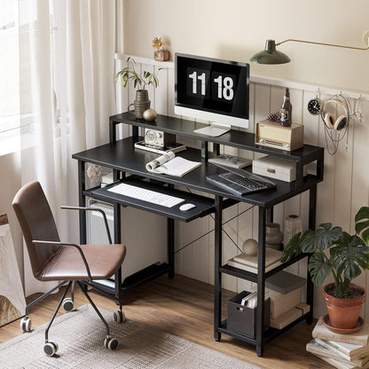 CubiCubi 120 cm Computertisch Schwarz mit Aufbewahrung Monitorständer und Tastaturhalterung