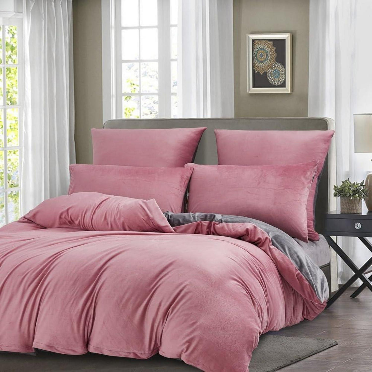 Flauschige Fleece Bettwäsche Set 135x200 Rosa Altrosa Grau