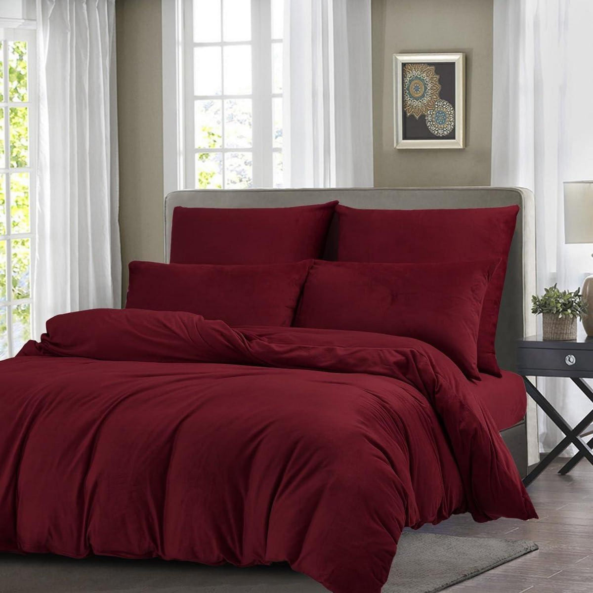 Flauschige Fleece Bettwäsche 135x200cm - Rot/Weinrot 4-teilig