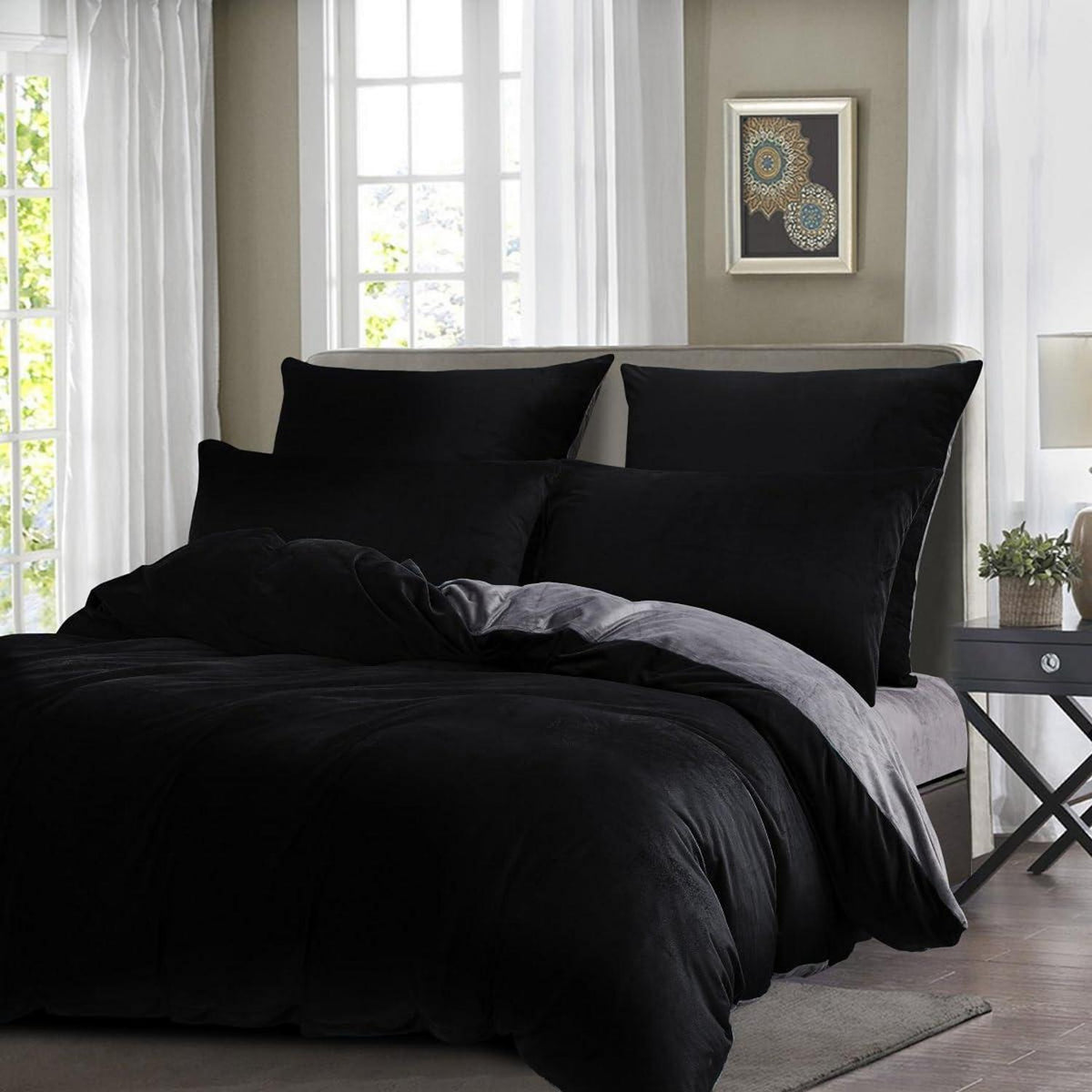 Flauschige Bettwäsche Set 135x200 Schwarz Grau Winter Plüsch