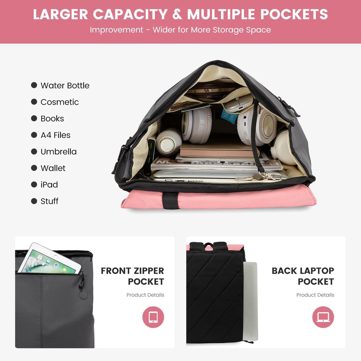 Damen Rucksack 15,6 Zoll Laptopfach Wasserdicht Elegant Hellrosa