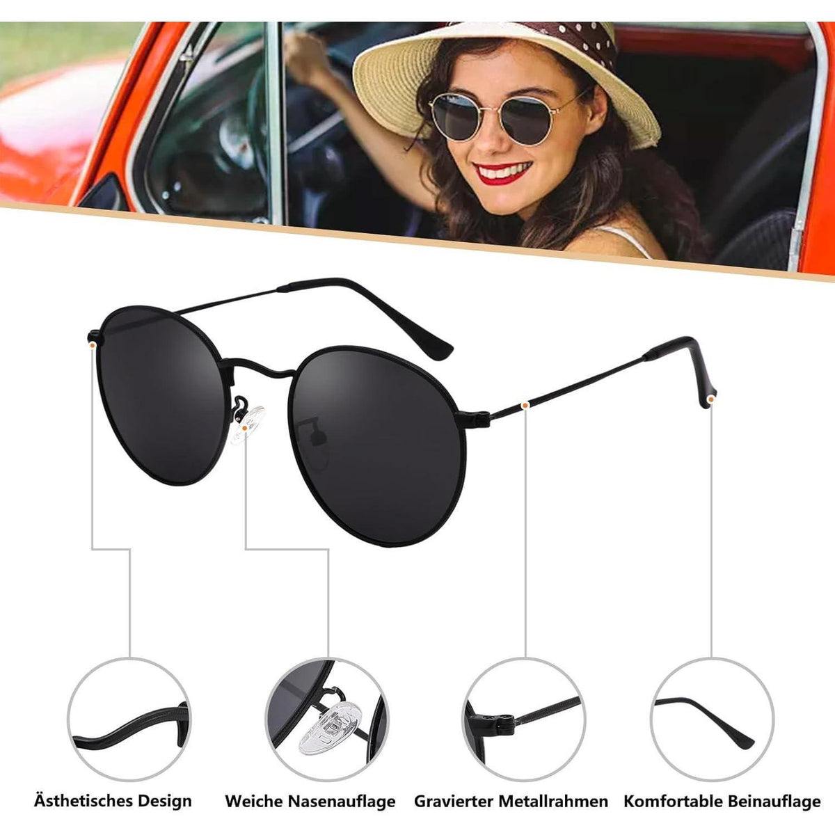 Retro Sonnenbrille polarisiert Herren Damen Rund UV400