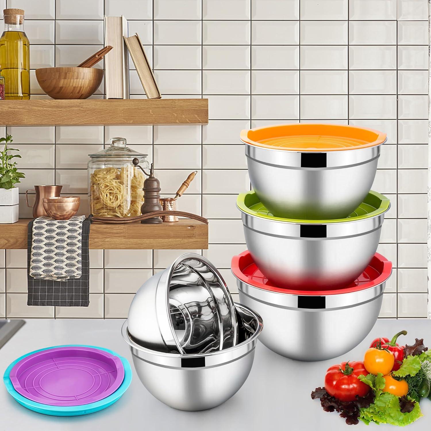 Edelstahl Salatschüssel Set 5er Stapelbar Rührschüssel 4,5L/2,7L/1,5L/1,2L/0,7L