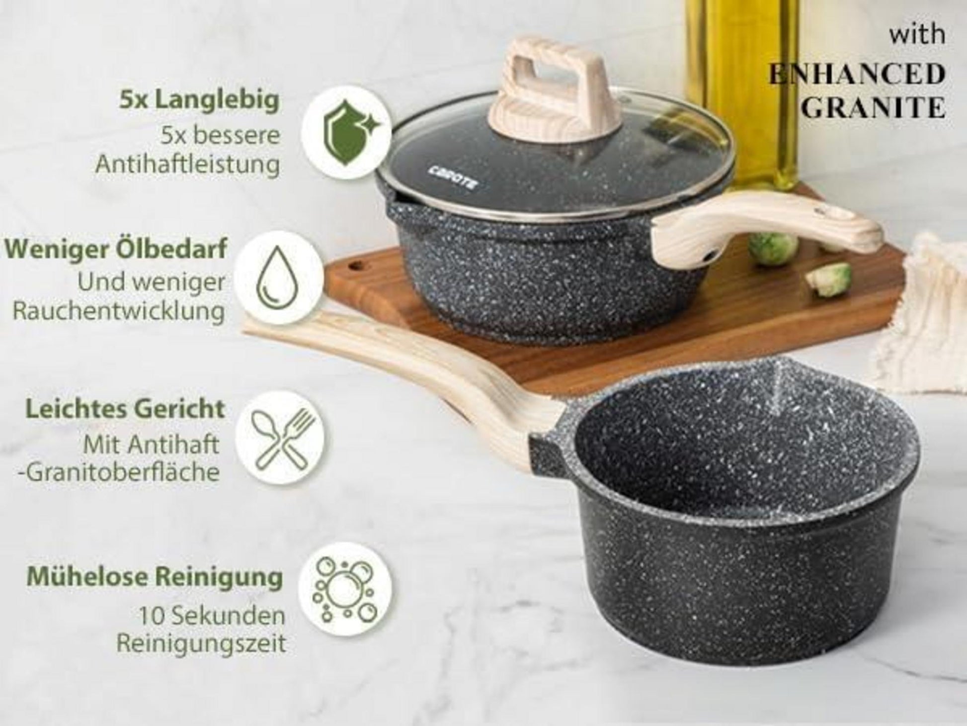 Kochtopf 18 cm Antihaft Stieltopf mit Holzoptik-Griff Schwarz
