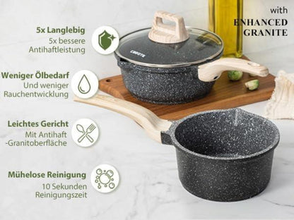 Kochtopf 18 cm Antihaft Stieltopf mit Holzoptik-Griff Schwarz