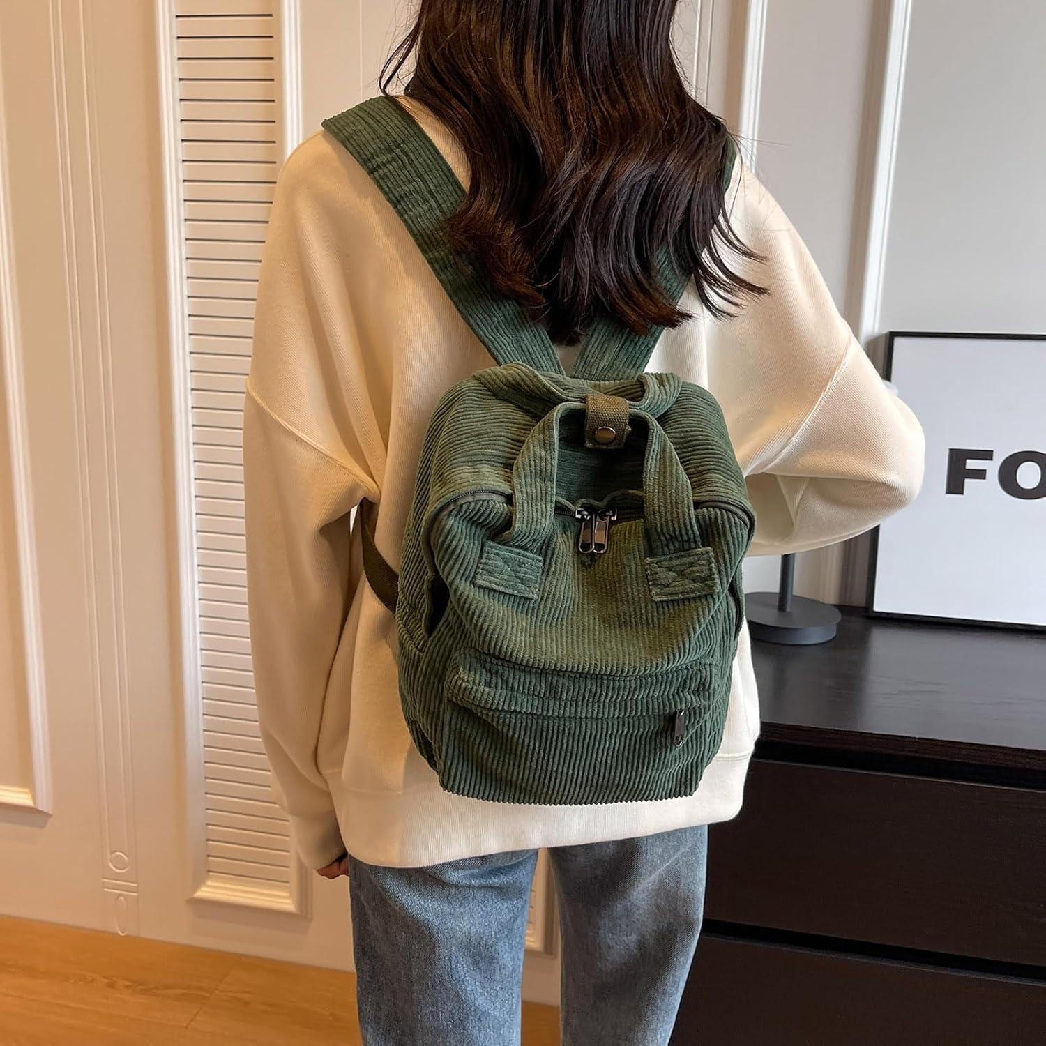 Damen Mini Cord Rucksack Grün 10L College Schul Reise