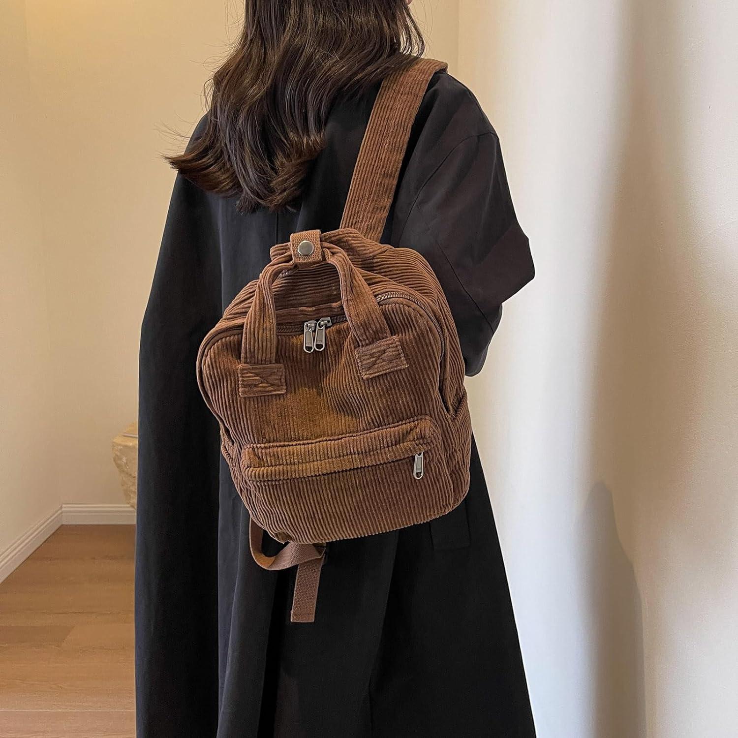Damen Rucksack Klein Cord Cityrucksack Lässig Schule Travel Wandern Grün