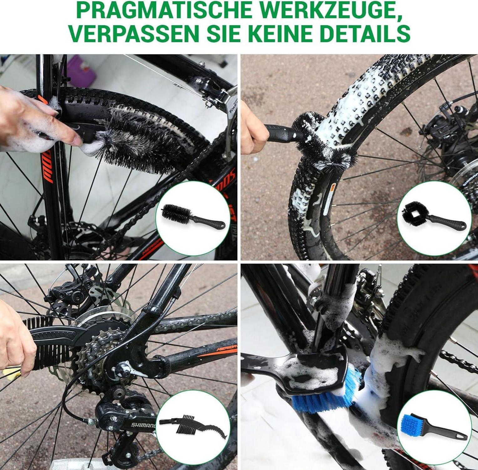 Fahrrad Reinigungsset 7-in-1 mit 500ml Spray, Bürsten Kit für alle Fahrräder