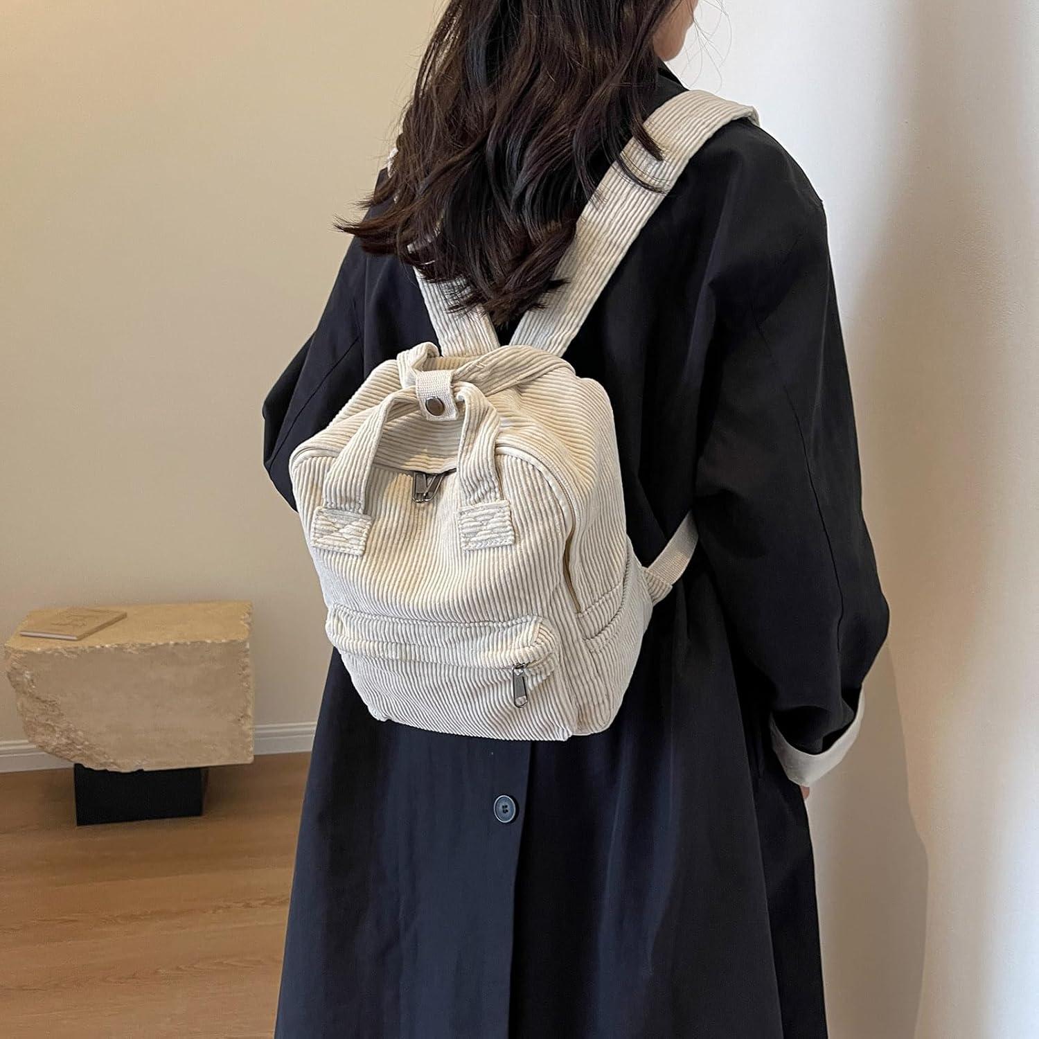 Damen Kleiner Cord Rucksack Beige Reise College Geschenk 10L