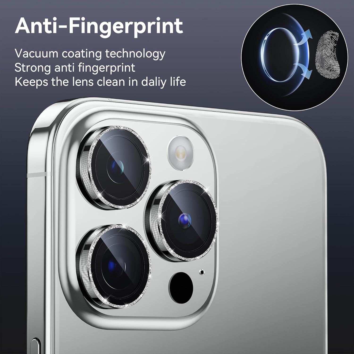 iPhone 15 Pro Max Kamera Schutzglas 9H Härte Blasenfrei - Titanium Glitter Silver