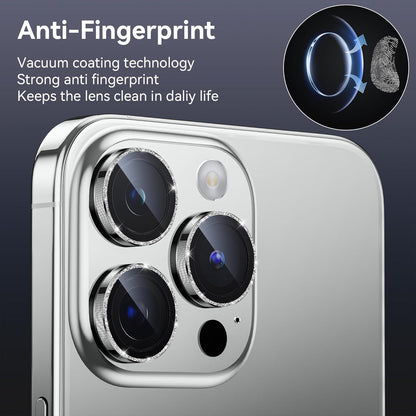 iPhone 15 Pro Max Kamera Schutzglas 9H Härte Blasenfrei - Titanium Glitter Silver