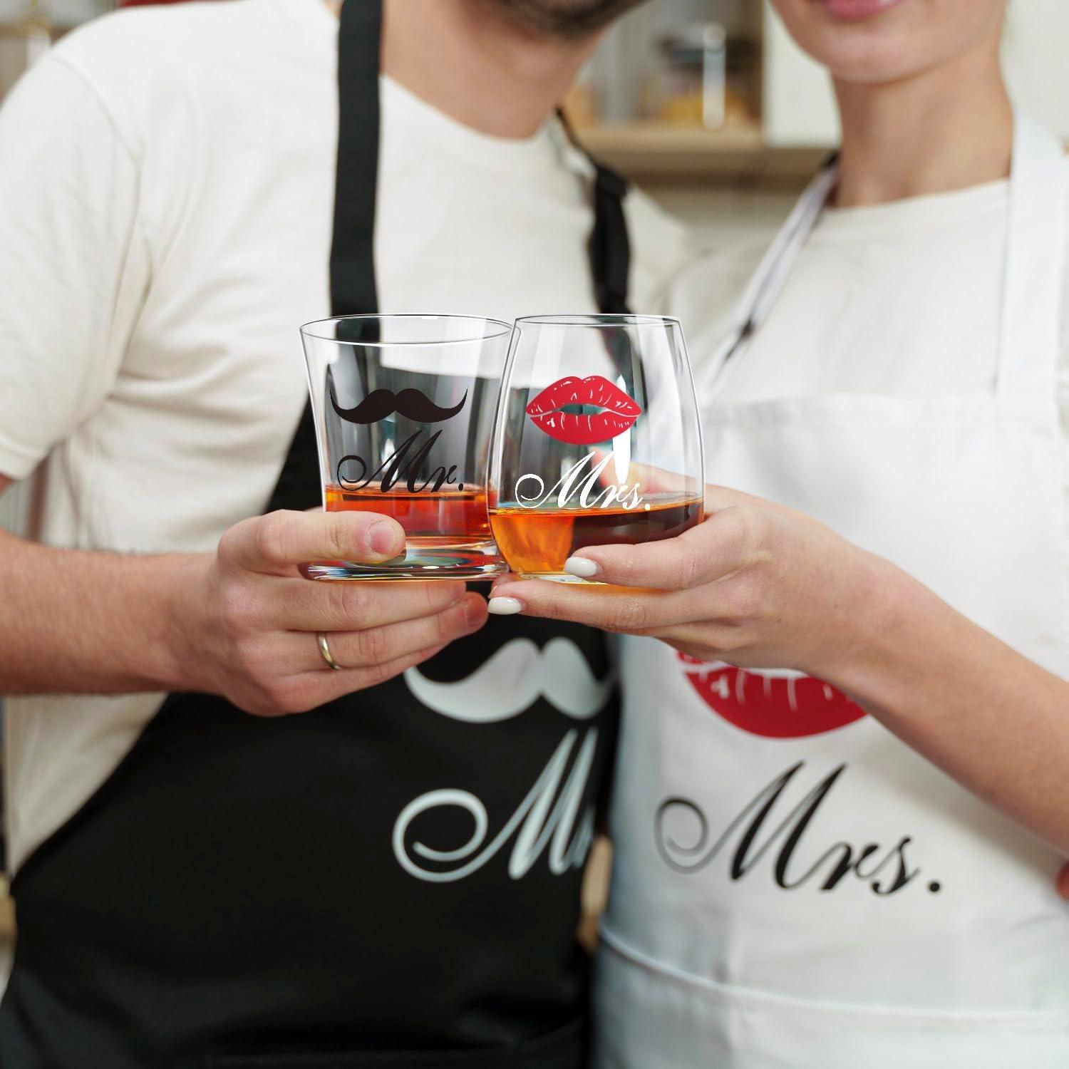 Mr. & Mrs. Hochzeitsgeschenkset mit Weinglas und Whiskyglas