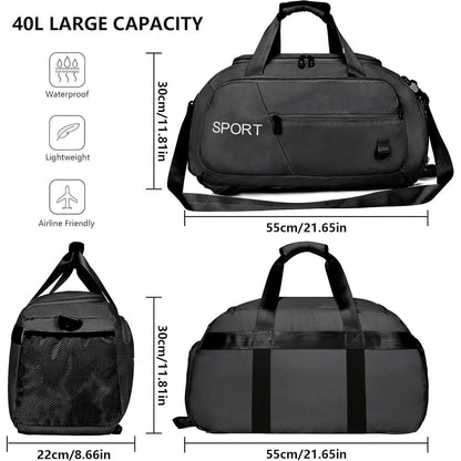 Wasserdichte Sporttasche 40L Rucksack Schuhfach Schwarz