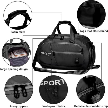 Wasserdichte Sporttasche 40L Rucksack Schuhfach Schwarz