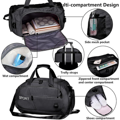 Wasserdichte Sporttasche 40L Rucksack Schuhfach Schwarz
