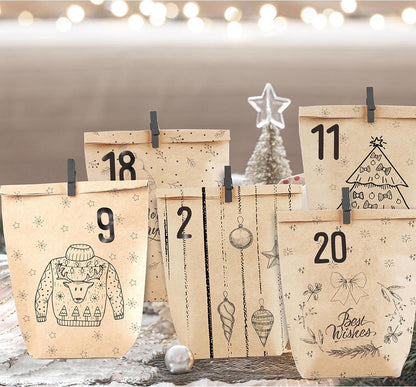 Adventskalender Selbstbefüllbar Kraftpapiertüten Weihnachtsmotiv