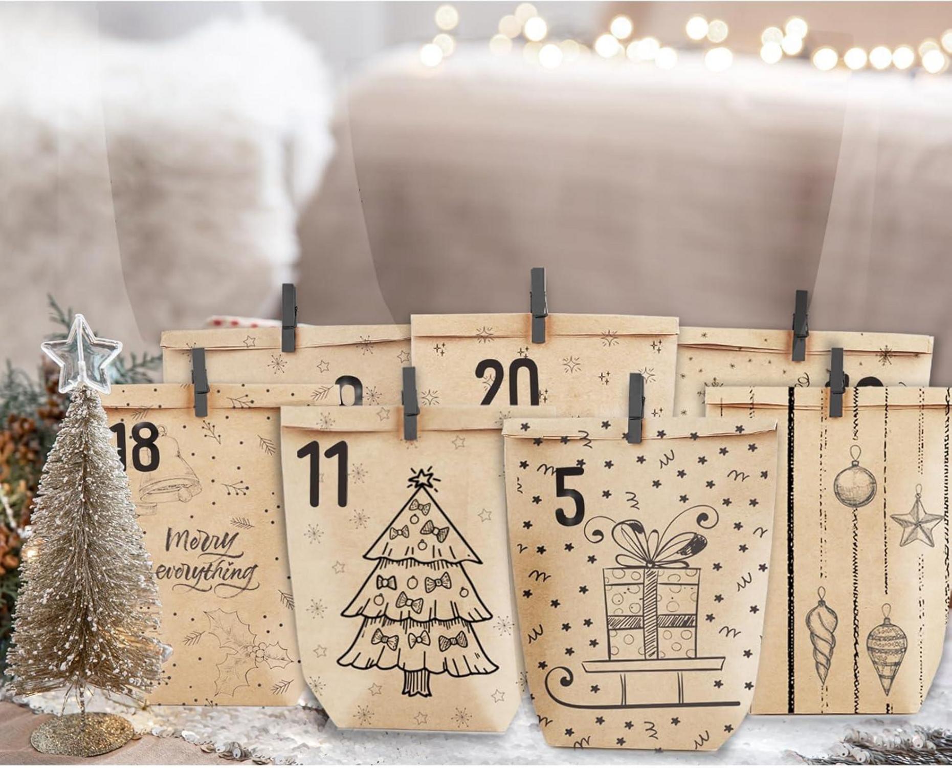 Adventskalender zum Befüllen Kraftpapiertüten Weihnachtsmotive 24 Stück