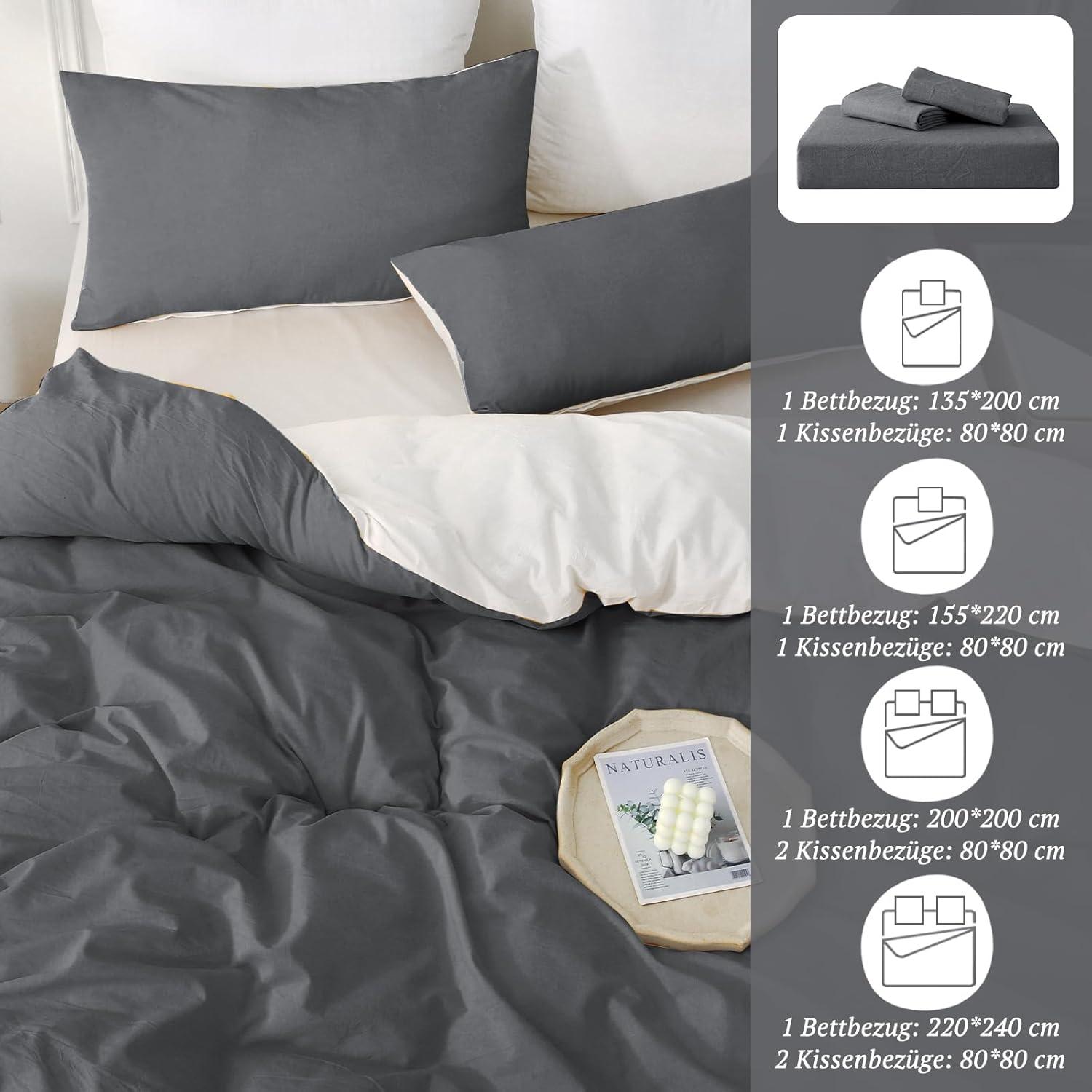 SOULFUL Bettwäsche Set 135x200 Baumwolle Dunkelgrau2 Stone Washed