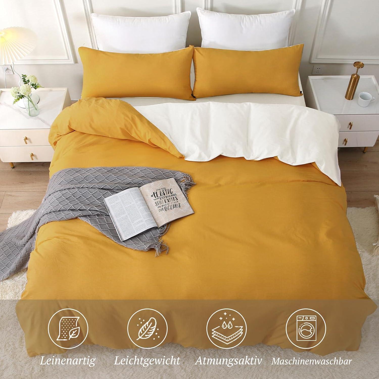 Bettwäsche-Set 220x240 Baumwolle Gelb Stone Washed
