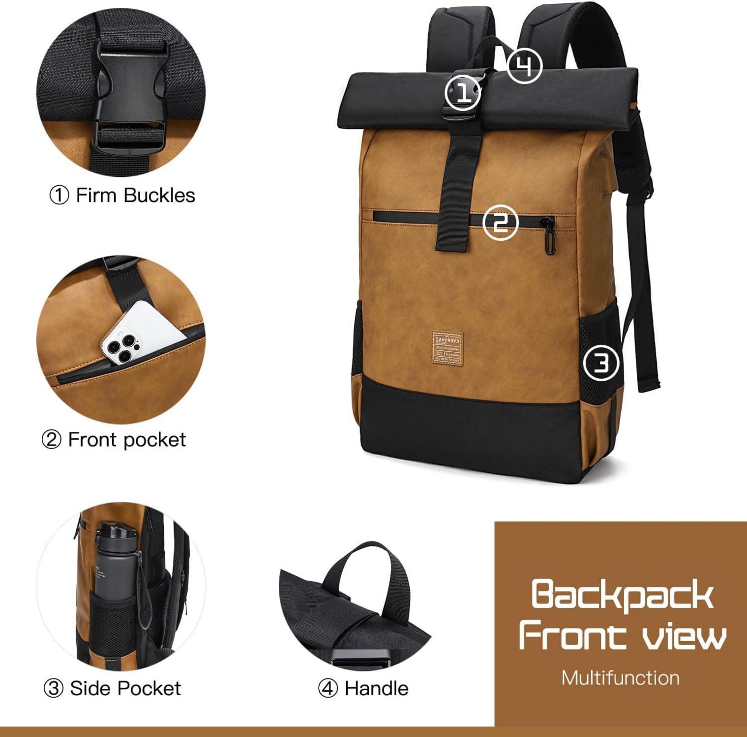 EverVanz Rolltop Laptop Rucksack 17 Zoll USB Ladeanschluss wasserabweisend braun