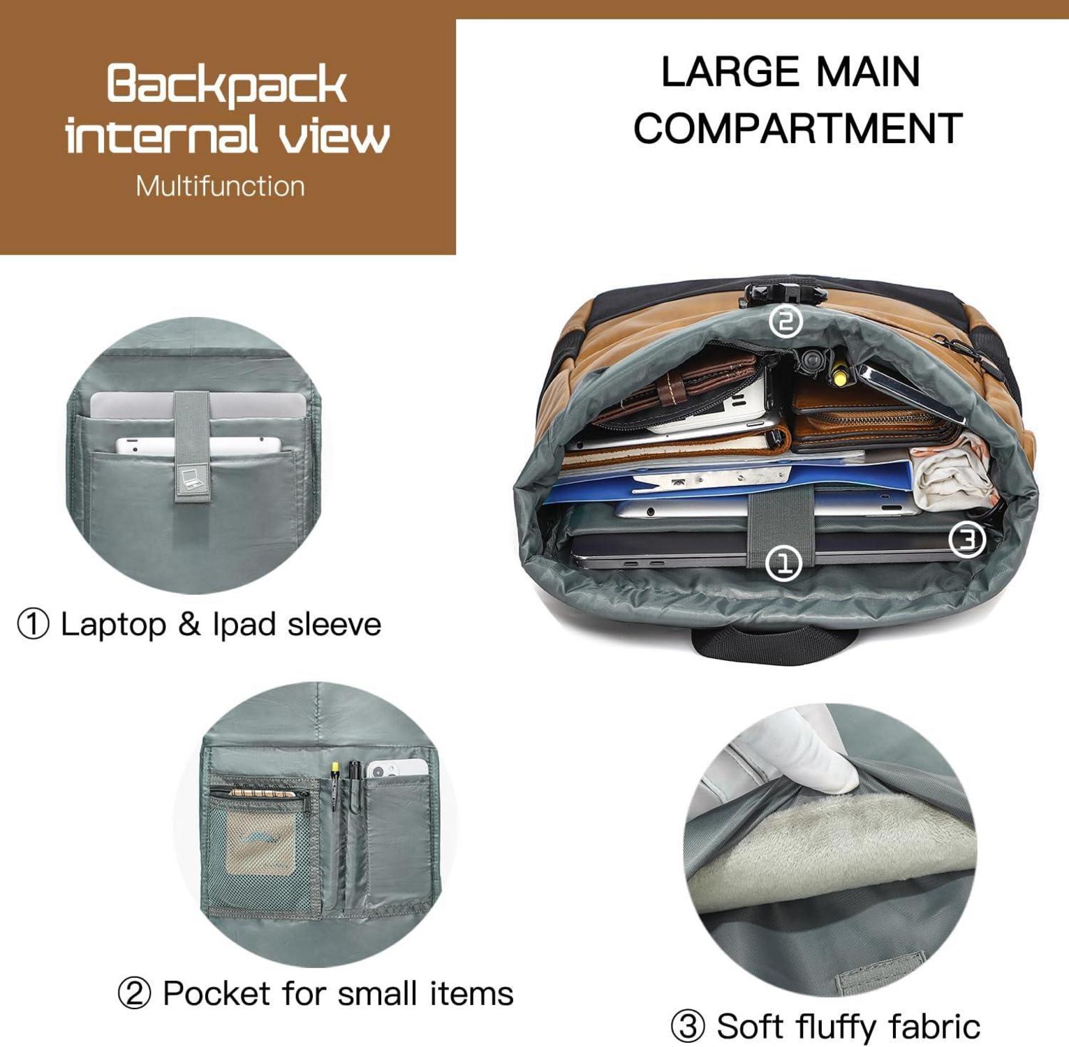 Rolltop Laptop Rucksack aus Leder Polyester USB Ladeanschluss