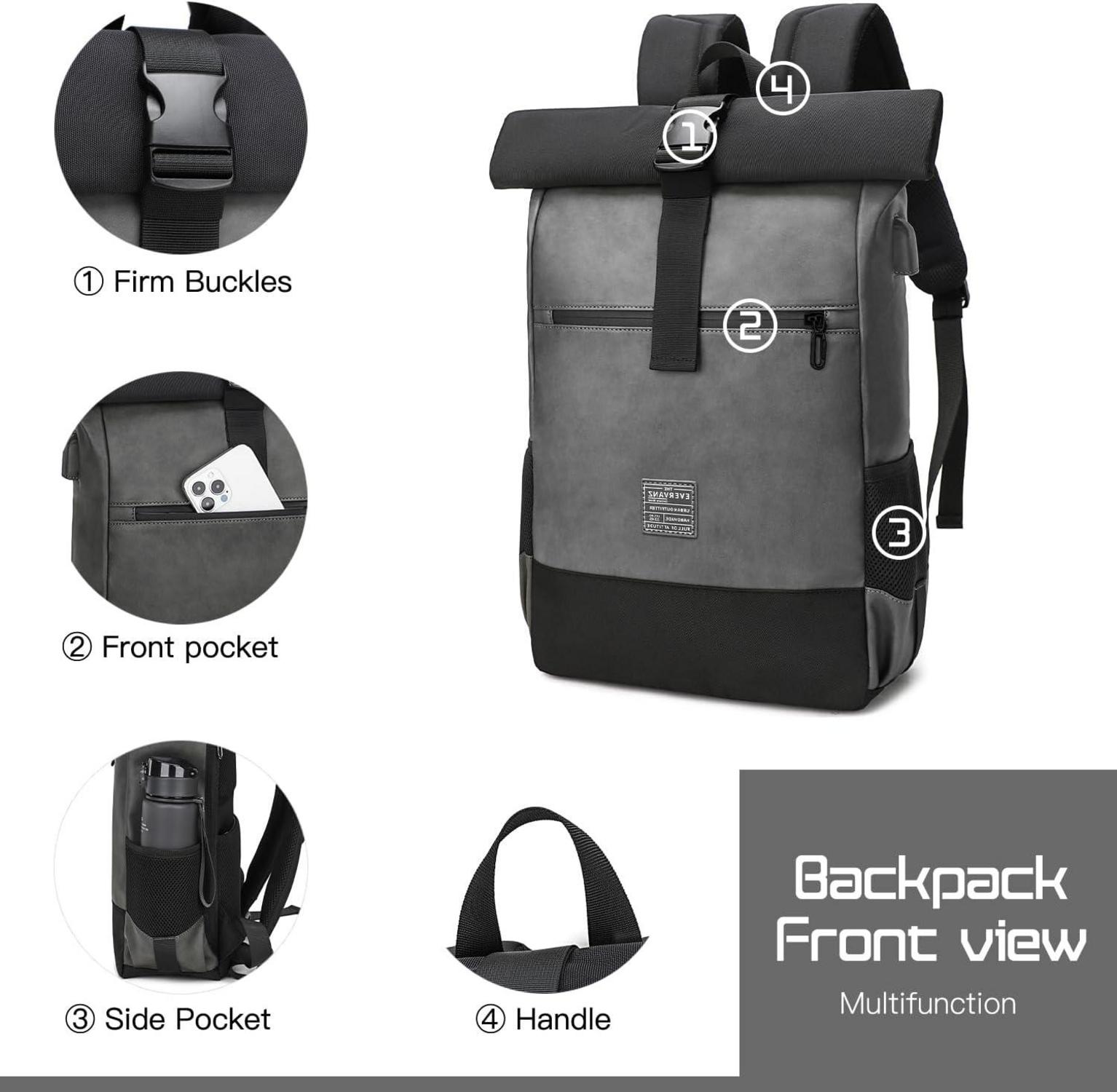 Rolltop Laptop Rucksack aus Leder und Polyester mit USB Ladeanschluss 17 Zoll - Wasserabweisender Backpack für Damen & Herren