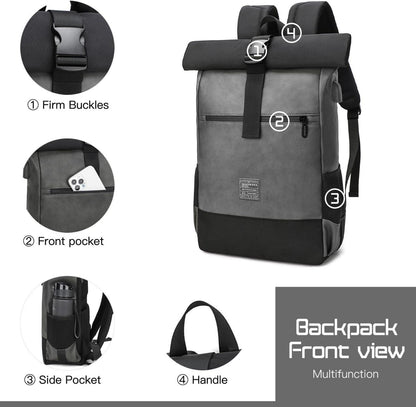 Rolltop Laptop Rucksack aus Leder und Polyester mit USB Ladeanschluss 17 Zoll - Wasserabweisender Backpack für Damen & Herren