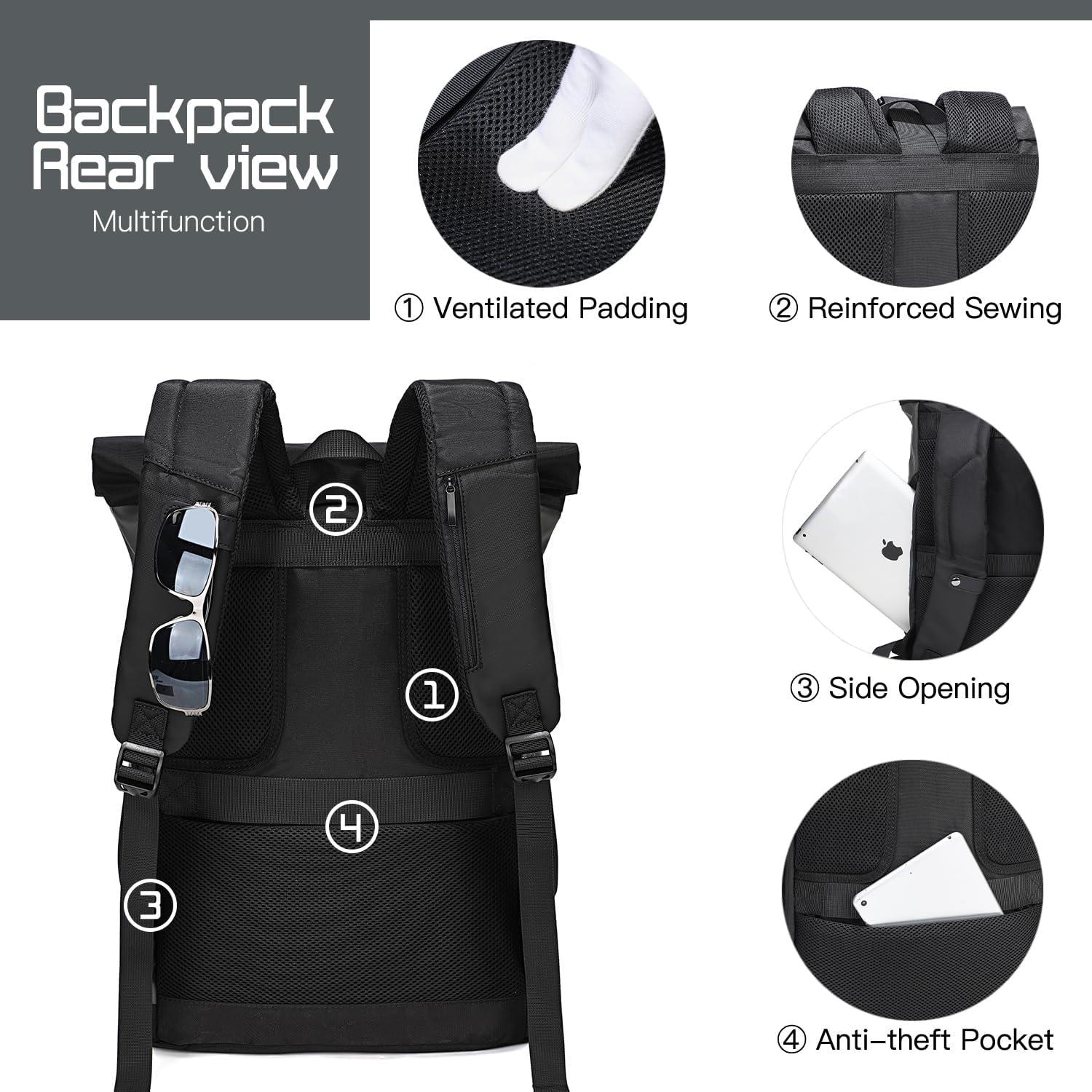 EverVanz Rolltop Laptop Rucksack USB Ladeanschluss 17 Zoll Schwarz