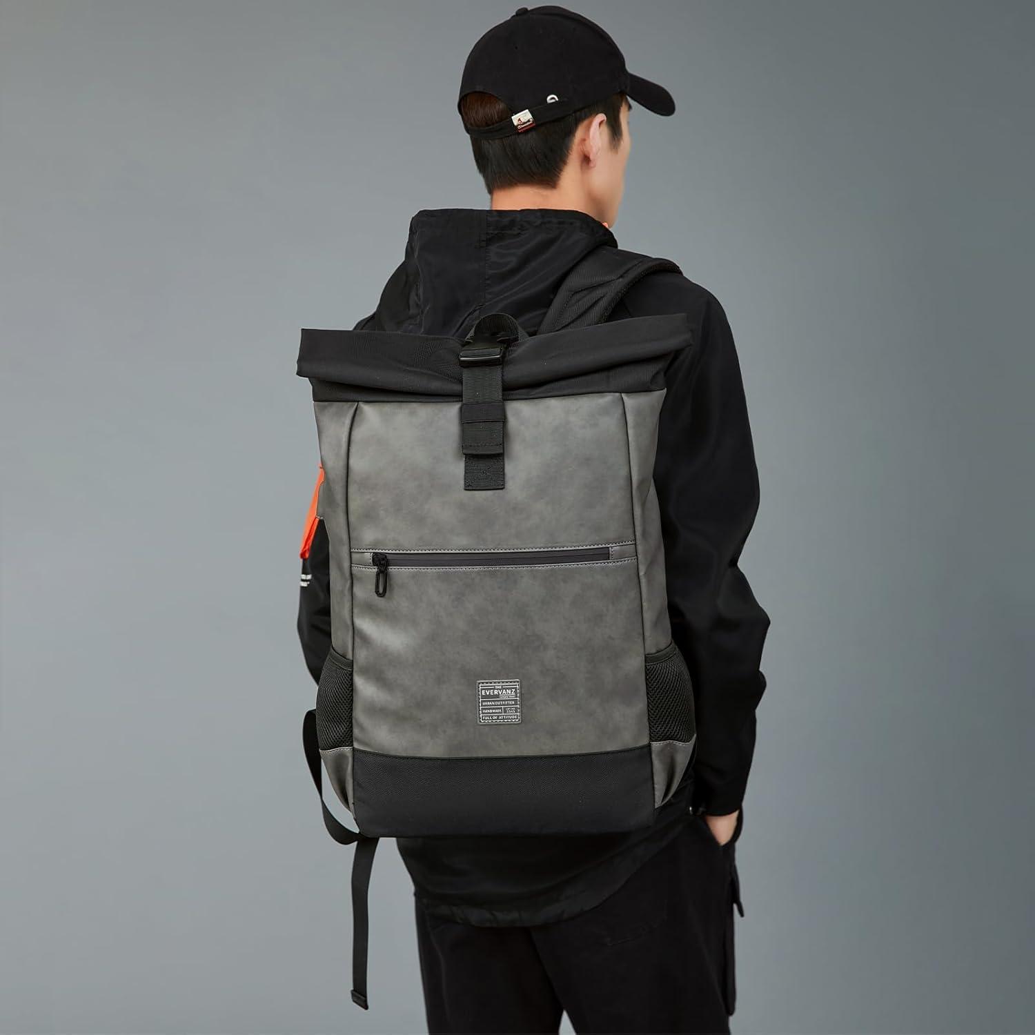 Rolltop Laptop Rucksack aus Leder und Polyester mit USB Ladeanschluss 17 Zoll - Wasserabweisender Backpack für Damen & Herren