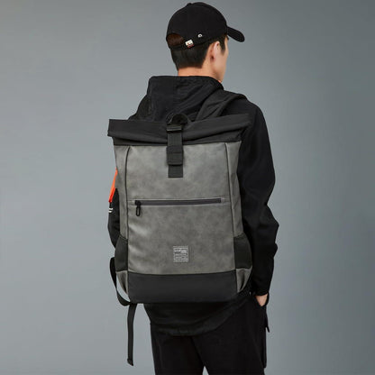 Rolltop Laptop Rucksack aus Leder und Polyester mit USB Ladeanschluss 17 Zoll - Wasserabweisender Backpack für Damen & Herren